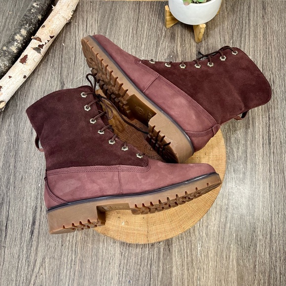 *Timberland | Waterproof Foldover Teddy Fleece Red Leather Suede Bootie Size 9.5 - Picture 2 of 16